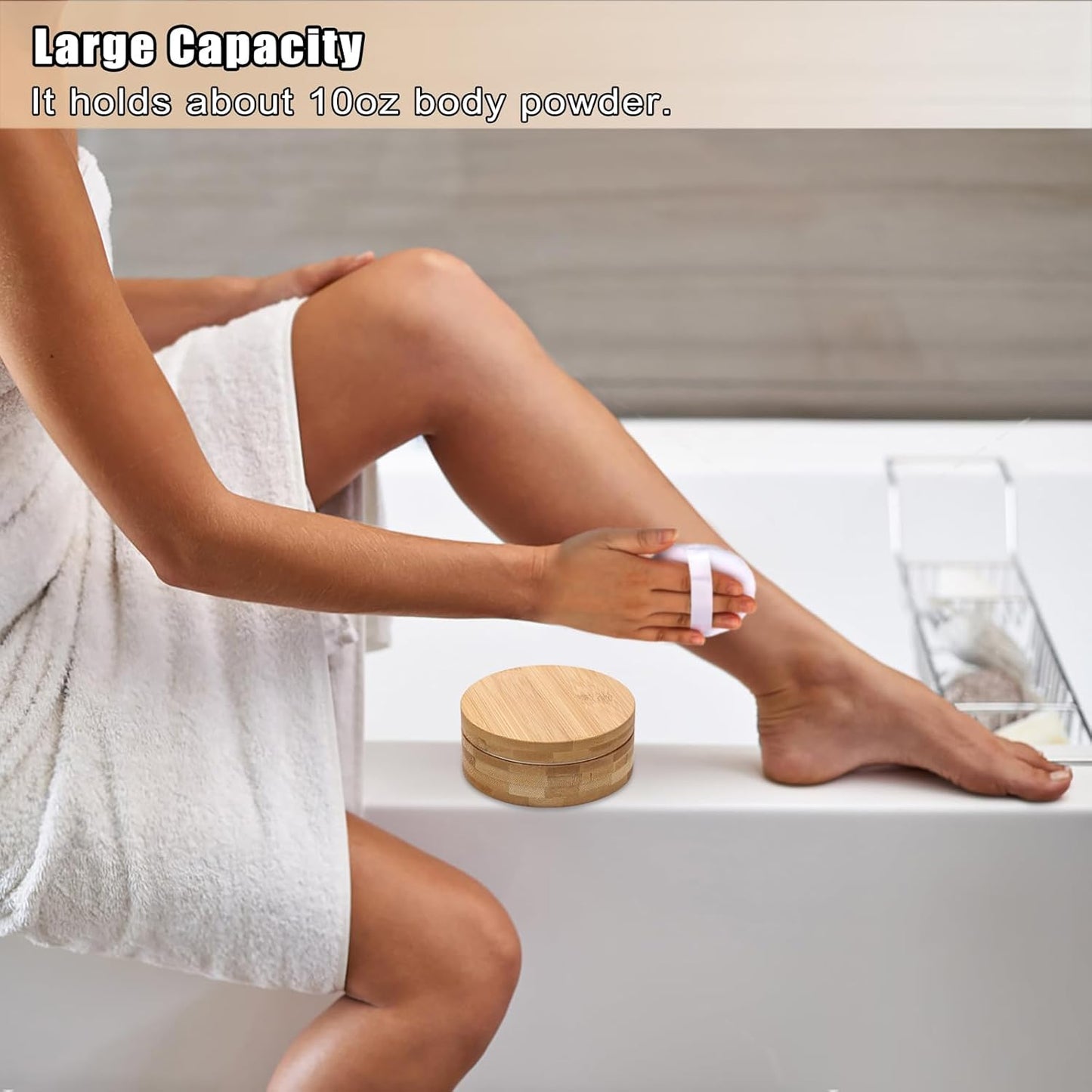 ELLDOO Body Powder Puff and Container, 10oz Empty Bamboo Case with Aluminum Inner Jar, Travel Loose Dusting Powder Storage Box with 2pcs Powder Puffs for Baby Women