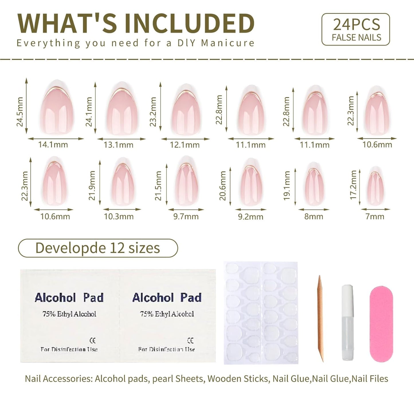 French Press On Nails Short Almond, Nude Fake Nails with White French Tip and 3D Minimalist Gold Line Design, Glossy Gel Finish Acrylic Nails, Natural Reusable Glue On Nails Kit for Women, 24Pcs