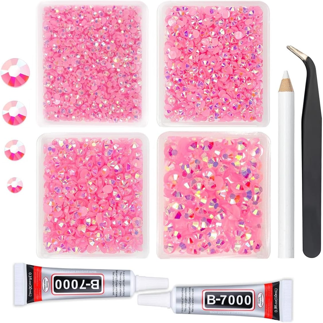 Dark Pink AB Resin Rhinestones w B7000 Jewelry Glue for Bedazzling Crafting 3mm 4mm 5mm 6mm Flatback Jelly Stones Bulk SS10 SS16 SS20 SS30 Diamonds Gems for Nails Face Makeup Tumblers Crafts