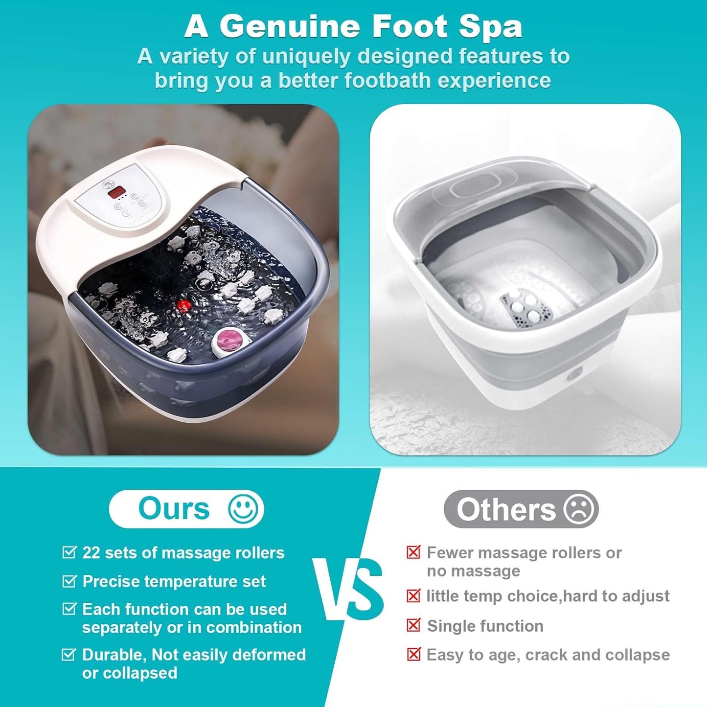 Foot Spa Bath Massager with Heat [2025 Upgraded], Vibration, Temperature Control, Jets, Bubbles, Epsom Salt, Feet Massager with 22 Massage Rollers, Foot Bath for Relaxation, Large, Grey