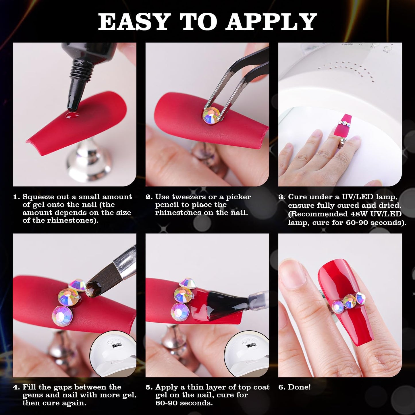 Rhinestones for Nails, Manicure Kit with Nail Rhinestone Glue Gel, Multi Size Flat Back Glass Crystal AB + Mixed Color Iridescent Gemstones & Gem Glue (UV/LED Needed) with Dotting Tools