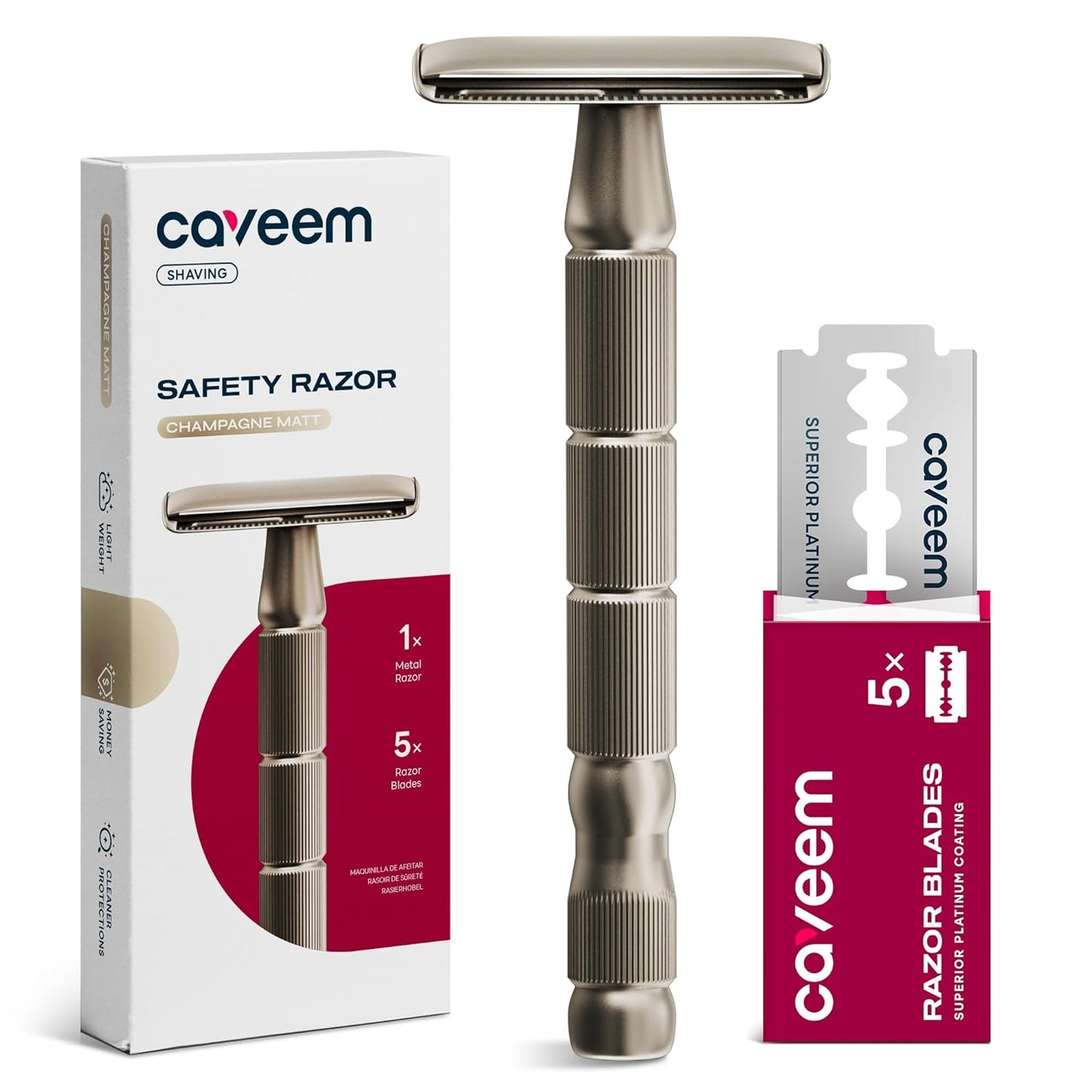 Double-Edge Safety Razor, Single-Blade Razors with 5 Stainless Steel Razor Blades for Men and Women, Reusable Metal Razor – Champagne Matt