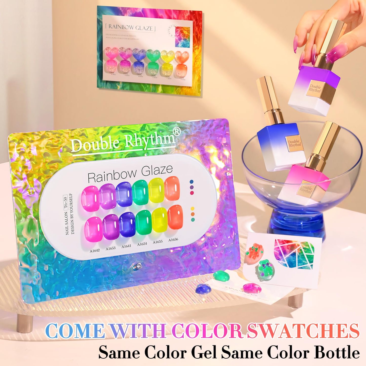 Double Rhythm 6 Pcs 15 ML Gel Polish Set Same Color Same Bottle Soak Off Jelly Neon Gel Polish Kit Nail Art Manicure Salon DIY at Home (Pink Purple Blue Green Yellow Green-T6-50)