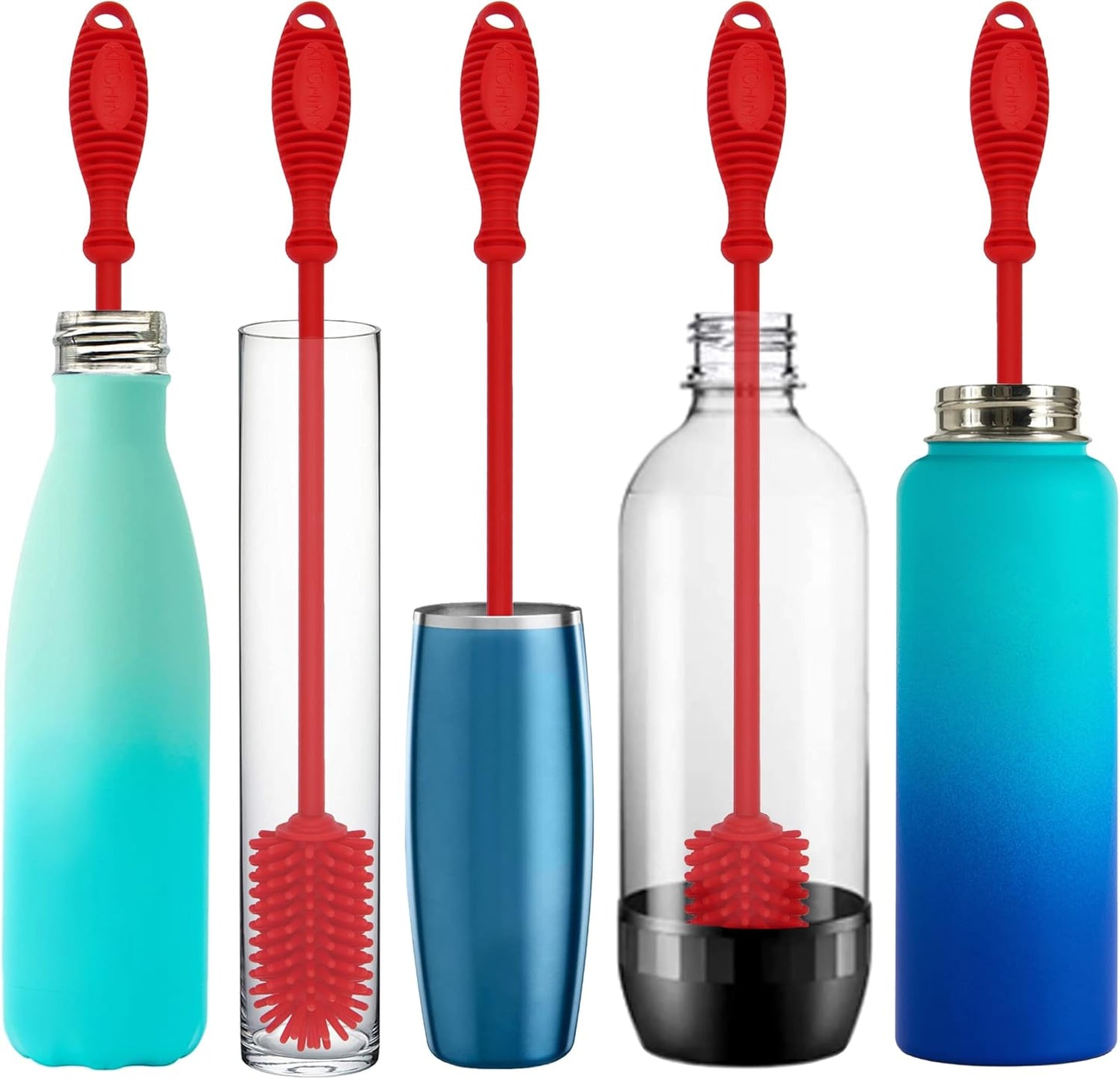 12.5" Silicone Bottle Brush & Straw Cleaner Brush Set | Water Bottle Cleaner for Hydro Flasks, Tumblers, Glassware, Vases and Narrow Neck Containers