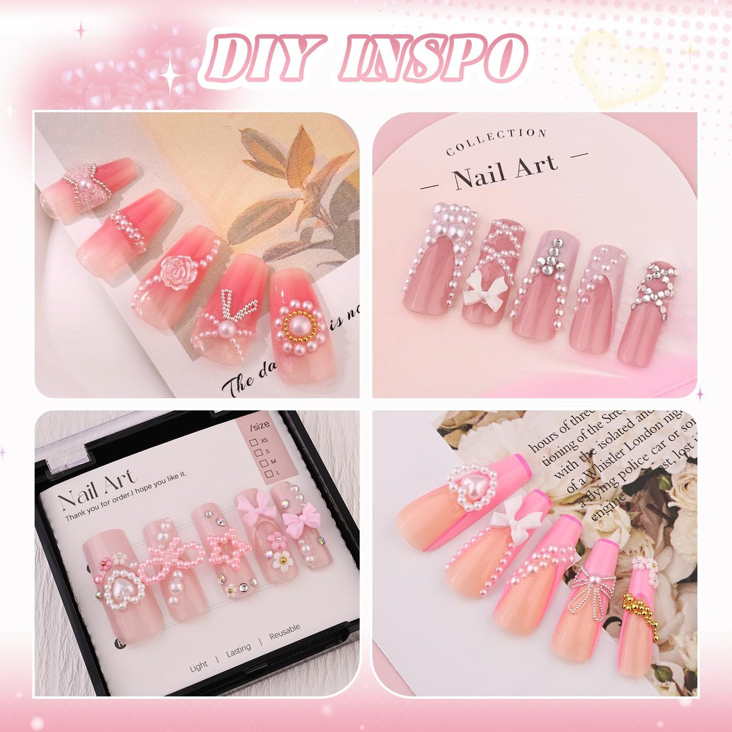 2 Boxes Flatback Pearls (White) and Metal Nail Beads (Silver+Gold) for Acrylic Nail Tips Manicure Decor