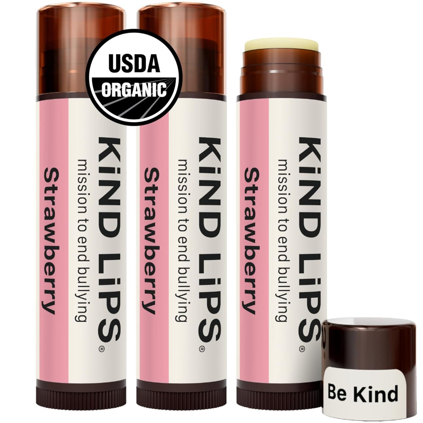 Kind Lips Strawberry Lip Balm 3-Pack - USDA Organic, Natural Chapstick Alternative for Dry Lips | Gluten-Free, Cruelty-Free