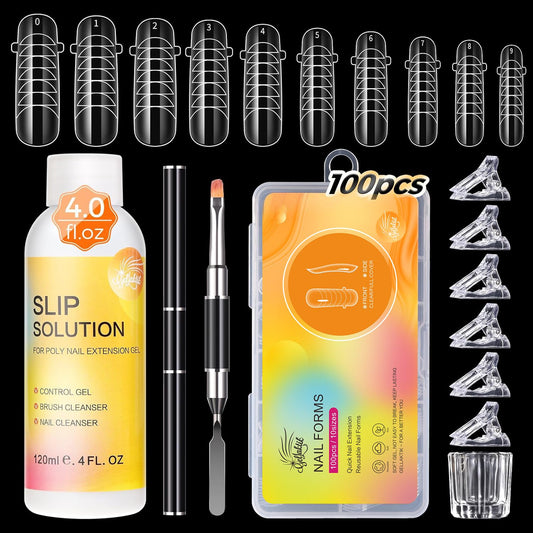 100Pcs Nail Forms Kit, 10 Sizes Reusable Dual nail Forms for Poly Gel & Builder Gel, 120ml Slip Solution Liquid, 6 Clips, Dual-Ended Brush, Nail Art Cup, DIY Pedicure Kit for Beginners