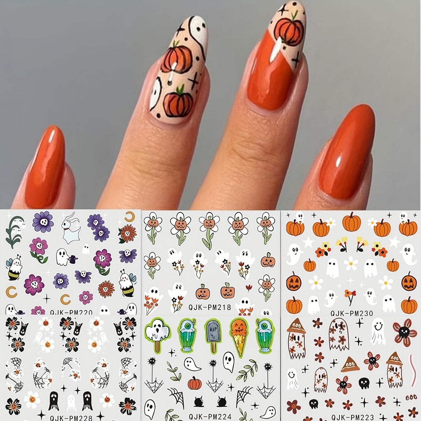 Halloween 9 Sheets Cute Nail Stickers Decals for Art - Ghost, Brown Flower, Pumpkin - Fall Self-Adhesive 3D DIY Supplies for Women, Girls & Kids