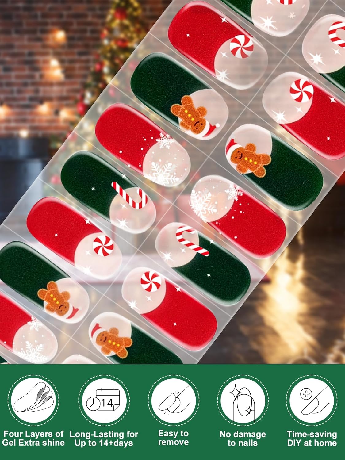 EBANKU 24PCS Semi-Cured Gel Nail Strips - French Snowflakes Candy Gingerbread Man Gel Nail Art Sticker Stickers with Nail File