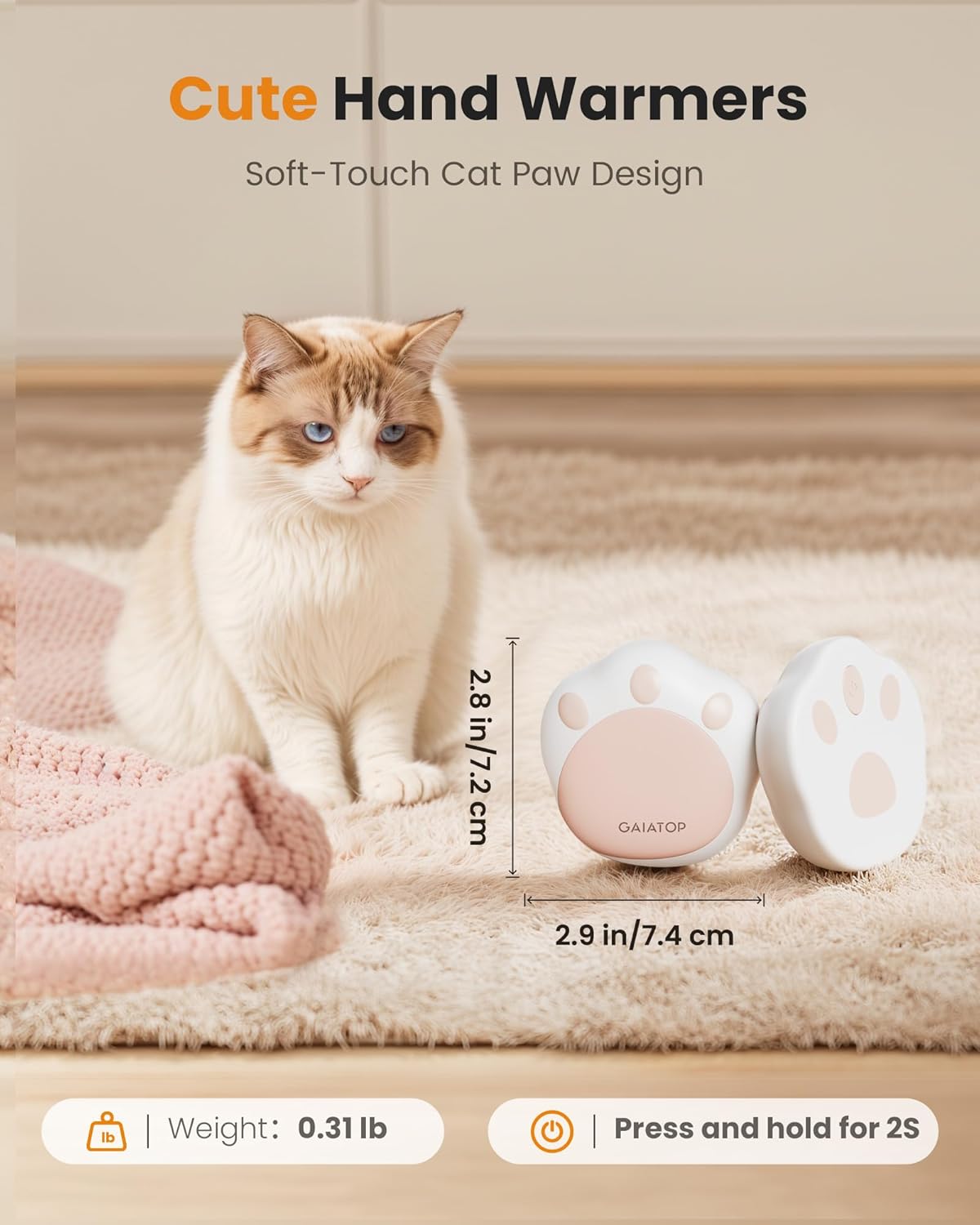 Gaiatop Hand Warmers Rechargeable, 2 Pack Cute Cat Paw Design 3 Levels Magnetic Electric Pocket Heater, Reusable Portable Hot Hands Gifts for Women Men Cat Lover