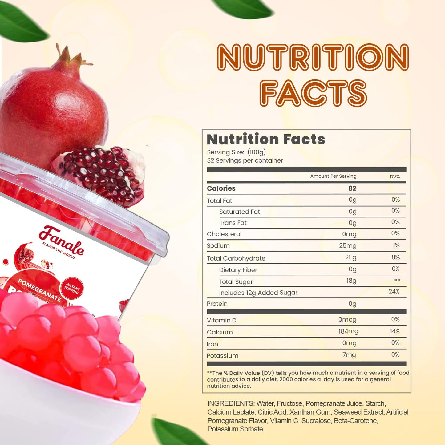 Fanale Pomegranate Popping Boba Pearls, Vegan, Non GMO, Gluten Free, Fat Free, Perfect for Bubble Tea, Smoothies, Ice Cream, Desserts, and Beverages.