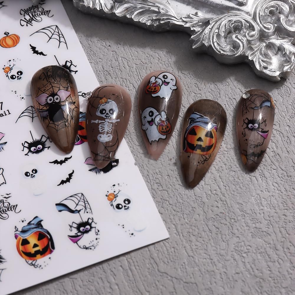 Halloween Nails Stickers Horrible Pumpkins Nails Sticker 3D Embossed Horrible Ghost Self Adhesive Sticker Nail Decals Web Bat Nail Art Decal Halloween Decals for Nail DIY Manicure 4Sheet
