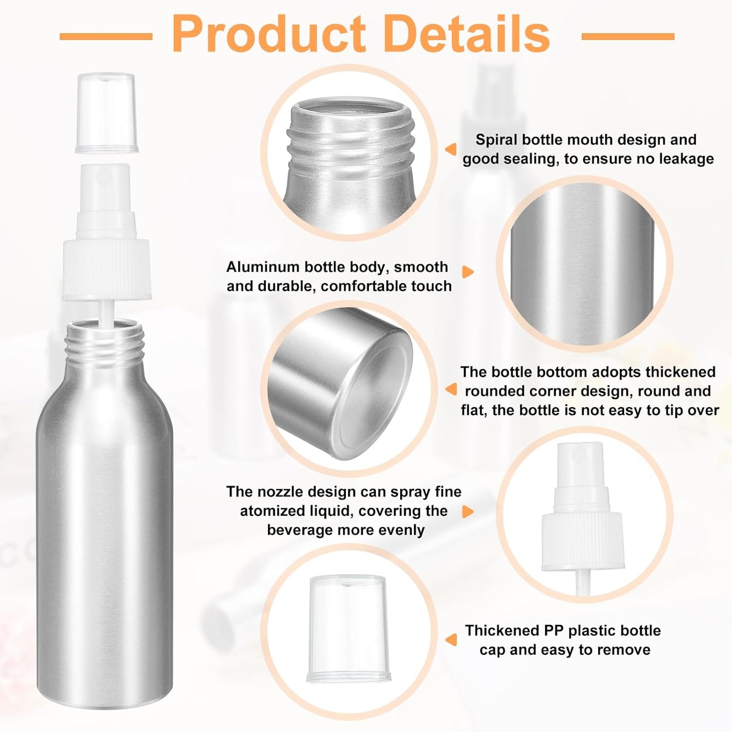 HARFINGTON 5pcs Aluminum Fine Mist Spray Bottles 100ml/3.4oz Metal Small Liquid Alcohol Refillable Travel Container with White Plastic Nozzle Cap for Perfume Skincare Cosmetic Storage Bottle