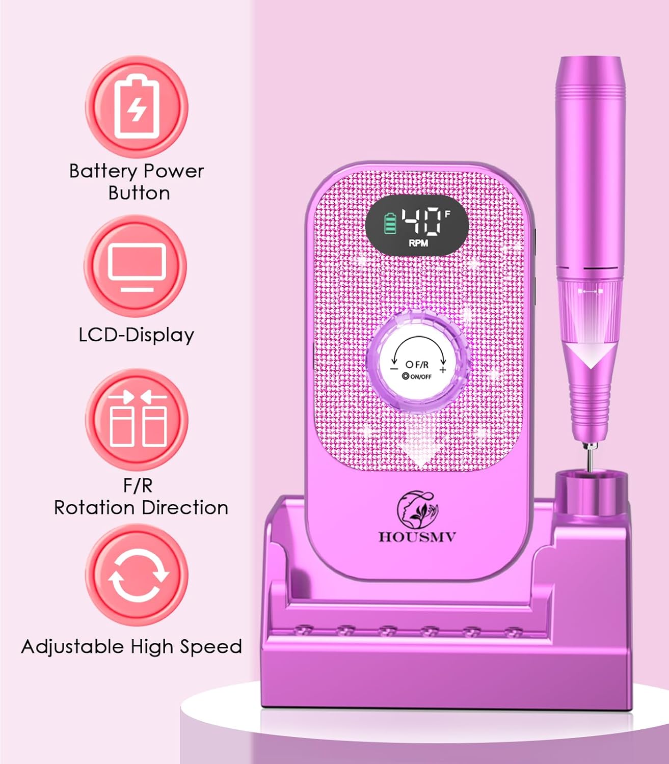 Portable Nail Drill Electric File: Professional Nail E File Machine 40000RPM for Acrylic Nails Remove Nail Gel Polish Manicure, Rechargeable Cordless Diamond Nail Drill with Bits & Base for Salon Home