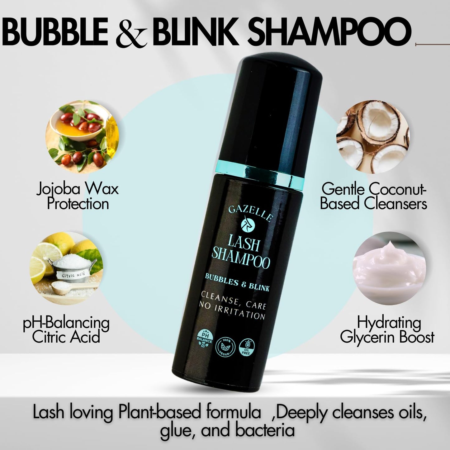 Gazelle Lash Shampoo with Brush – Gentle, Oil-Free Foaming Eyelash Extension Cleanser & DIY Lashes – Lash Cleaning Kit Removes Makeup, Dirt & Oil – No Irritation, No Burning – Salon & Home Use