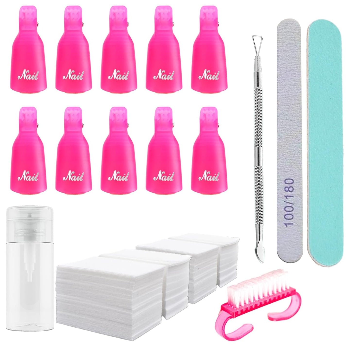 Gel Nail Polish Remover Kit with 10pcs Pink Nail Polish Remover Clips Cap, Dispenser Bottle,Gel Polish Cuticle Pusher, 400 PCS Cotton Pads, Handle Brushes, Nail File, Buffer Block
