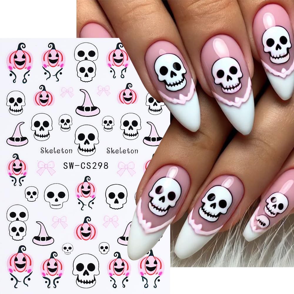 Halloween Nail Art Stickers Ghost Nail Decals 3D Horror Ghost Skull Spider Web Bat Pumpkin Butterfly Self-Adhesive Decals Designs Halloween Nail Supplies for Women Manicure Holiday Decorations 6Sheets