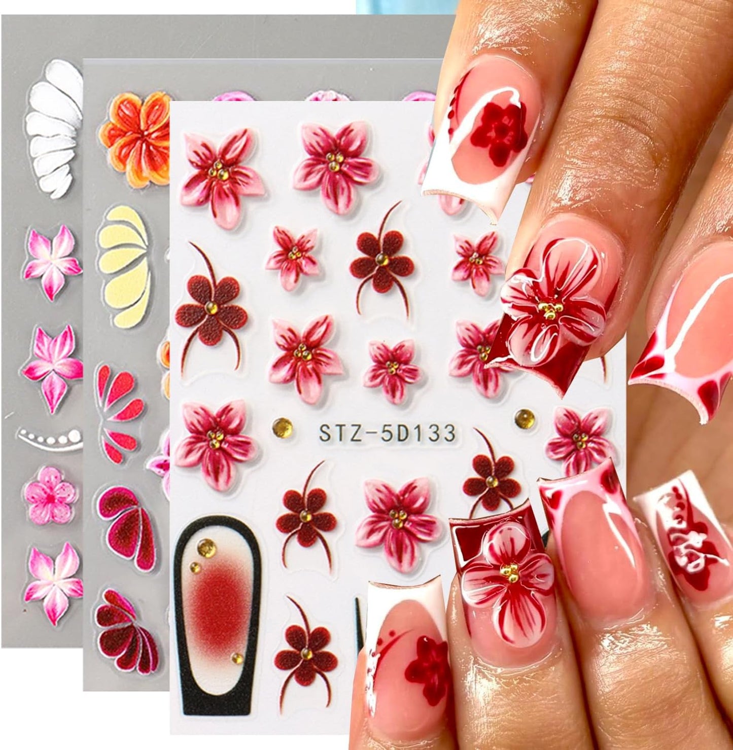 Flower Nail Stickers 3D Self Adhesive Nail Art Stickers 5D Embossed Nail Decals Red Hawaiian Floral Hibiscus with Rhinestone Design Black French Tips Manicure Accessories for Women 3 Sheet