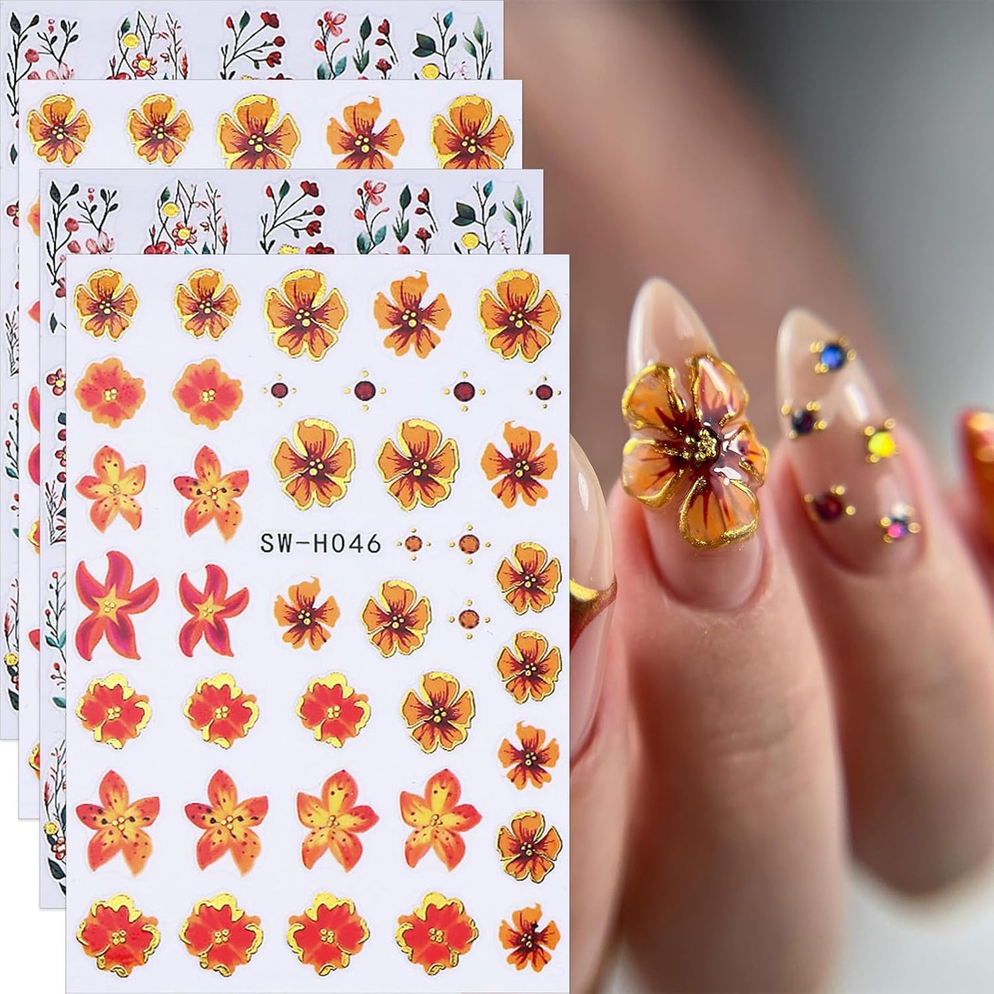 Fall Flower Nail Stickers Cute Nail Decals 3D Self Adhesive Floral Nails Design Supplies Autumn Nail Charms Slider Manicure Accessories Flowers Nail Art Stickers for Women Nail Art Decorations 4PCS