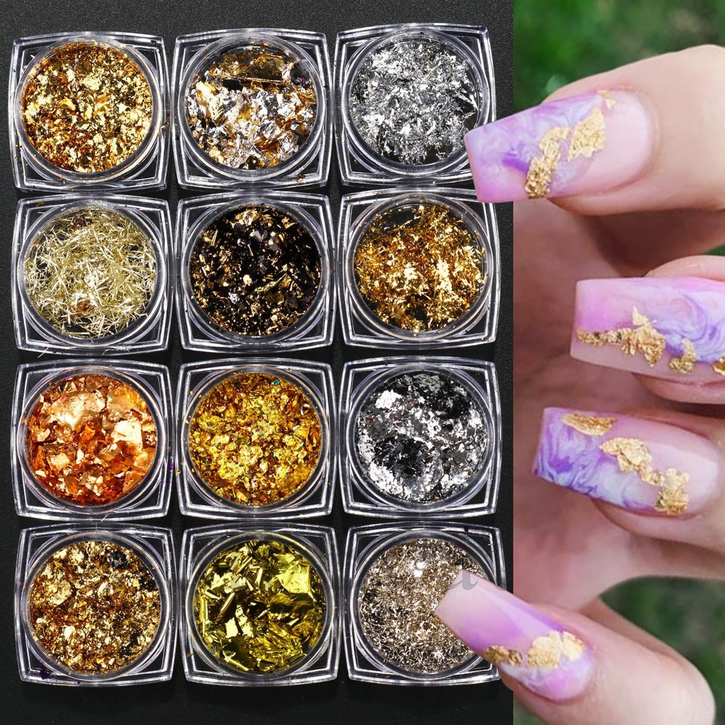 12 Boxes Aluminum Nail Flakes Foils Set - Gold Silver Irregular Paillette Nail Art Sequins 3D Shinny Ultra-Thin Aluminum Foil Nail Art Flakes Glitter Sticker for Manicure Decor DIY Crafts Accessory