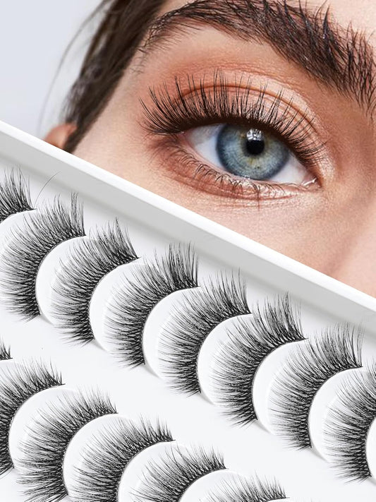 False Eyelashes Cat Eye Lashes Wispy 15mm Strip Eyelashes Thin Band Natural Lashes Fluffy Eyelashes Siligli Lashes Pack Fake Lashes 3D Volume Curly Eyelash 10 Pair