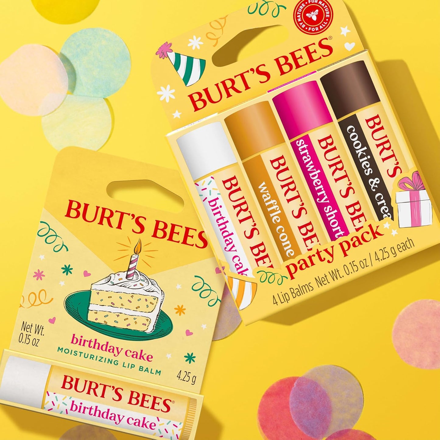 Burt's Bees Lip Balm Party Pack - Birthday Cake, Waffle Cone, Strawberry Shortcake, and Cookies & Cream, All Day Moisturizer, Tint-Free, Natural Origin Conditioning Lip Treatment, 4 Tubes, 0.15 oz.