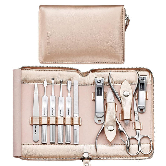 FAMILIFE Gifts for Women, Manicure Set Professional Manicure Kit 11 in 1 Nail Kit Nail Clippers Tools Stainless Steel with Rose Gold Leather Case Travel Sets