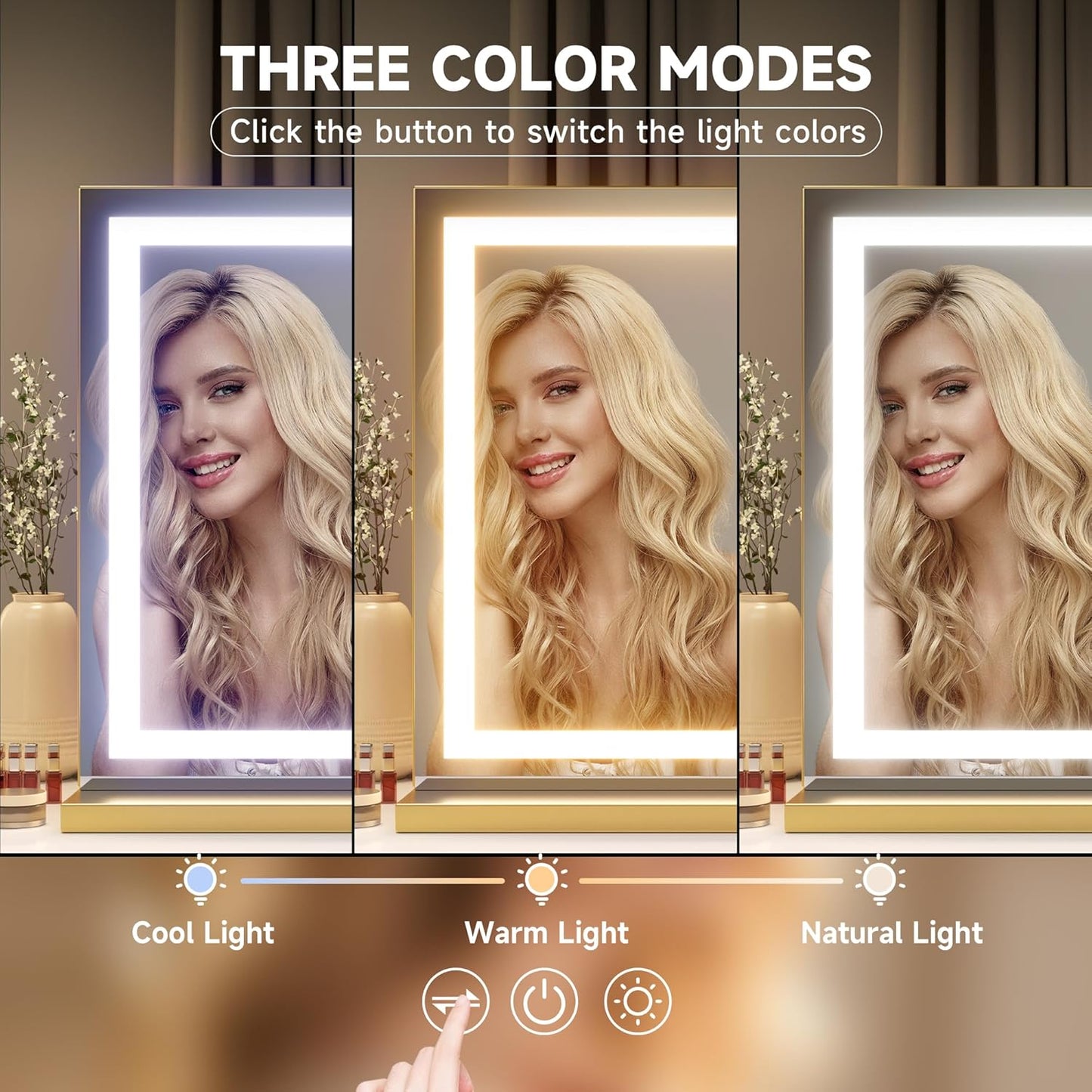 Hasipu Vanity Mirror with Lights, 28" x 20" LED Makeup Mirror, Lighted Makeup Mirror with Dimmable 3 Modes, Touch Screen Control Vanity Mirror Square Gold