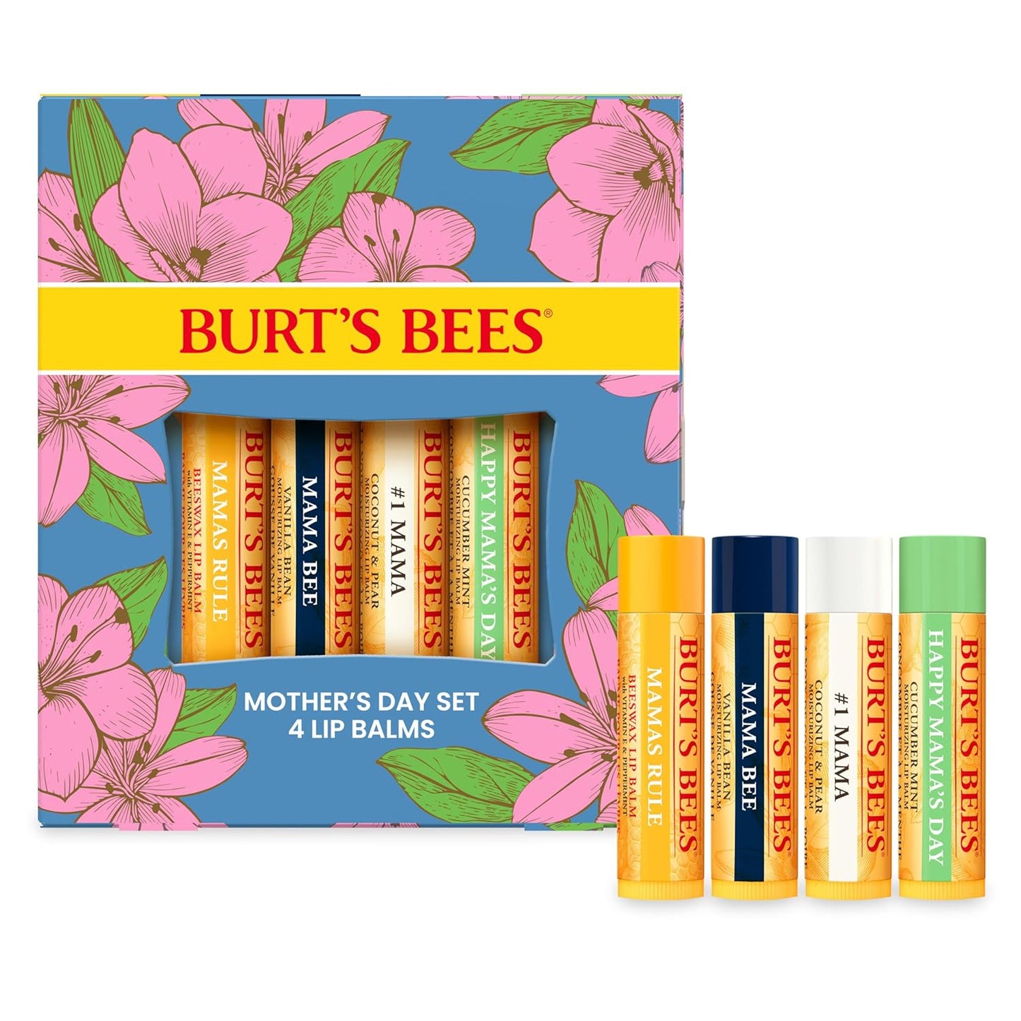 Burt's Bees Gifts Ideas - Balm Bouquet Lip Balm Set, Original Beeswax, Vanilla Bean, Cucumber Mint, Coconut & Pear Pack, Natural Origin Lip Treatment, 4 Tubes, 0.15 oz.