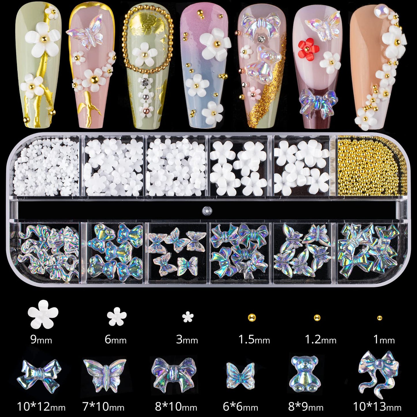 Mixed 3D Nail Art Gem Decoration Accessories Kit #5, Aurora Bear Bow Butterfly Starry AB Rhinestone Charm Jewelry for Deco, Pearl Flower Caviar Bead Stone Crystal with Dual-End Brush and Tweezer