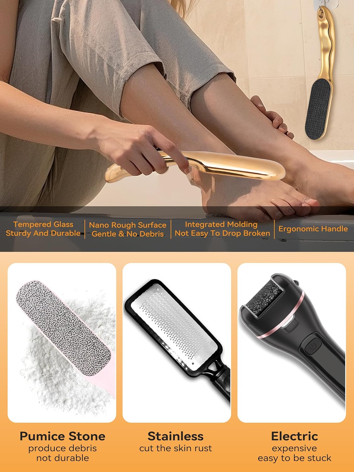 Beyond The Cream Veins Grain Foot File, Nano Glass Foot File, Hard Skin Callus Remover, Professional Pedicure Tool, Anti-Slip Handle Rope & Storage Bag, Ideal Gift for Beauty & Fitness Lovers, Golden