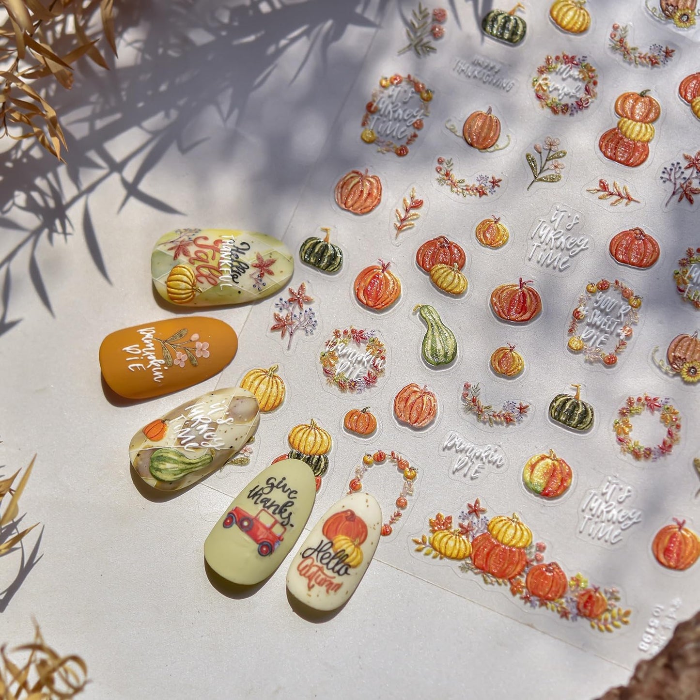 Fall Nail Art Stickers 5D Embossed Autumn Nail Art Decals Pumpkin Nail Stickers 3D Self-Adhesive Thanksgiving Day Nail Supplies Orange Nail Decals for Women DIY Holiday Manicure Accessories 1Sheet