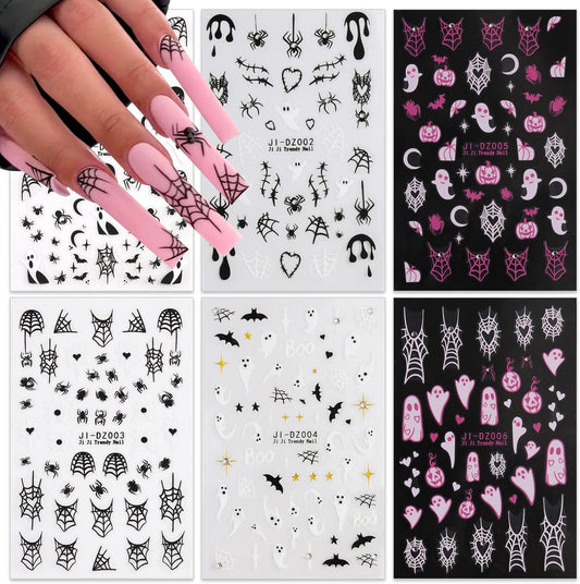 Gothic Nail Decals - 6 Sheets 3D Self-Adhesive Pumpkin Spider Web Wound Nail Stickers DIY Manicure Decoration