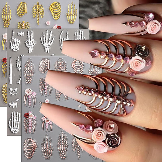 Halloween Nail Art Stickers Decals 5D Skeleton Hand Nail Decals 3PCS Embossed Self-Adhesive Spooky White Rose Gold Skull Design Gothic Holiday Nail Charms for Women DIY Manicure Accessories Supplies