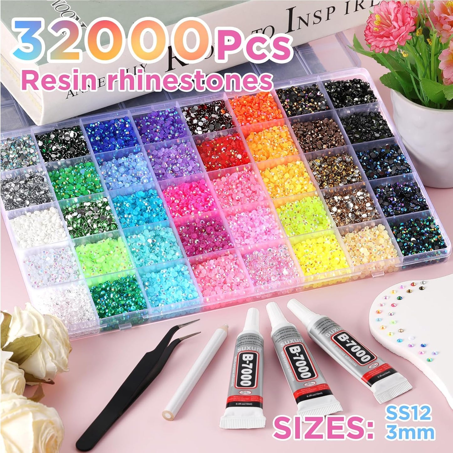 Zefy 40 Colors Resin Jelly Rhinestones for Bedazzling, 3mm 32000 Pcs Flatback Gems for Crafting, Bedazzling Kit with 3Pcs B7000 Glue for Clothing Shoes Nail Book Diamond Art