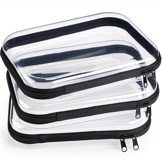 Hoolerry 3 Pcs Clear Hard Zipper Case Plastic Pouch Transparent Hard Case Clear Makeup Bag Portable Travel Organizer Bin for Cosmetics, Building Blocks, Puzzles(Black,M)