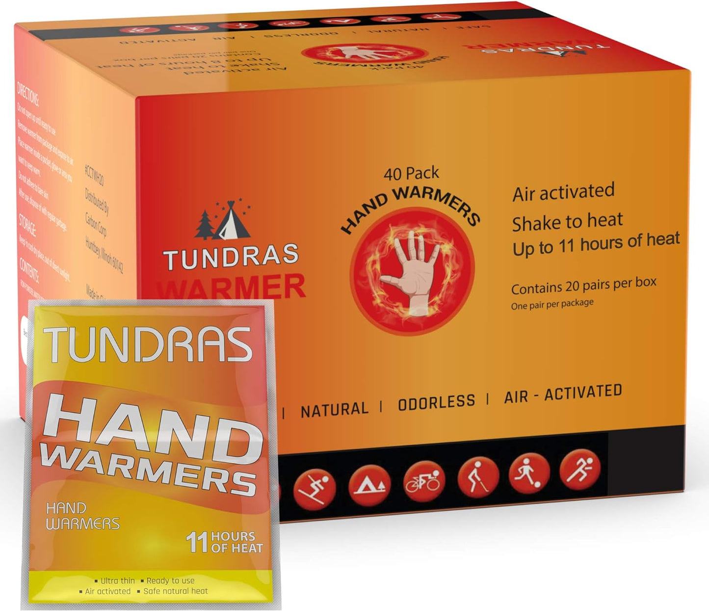 Hot Hand Warmers 11 Hours Long Lasting - 40 Count - Natural Odorless Safe Single Use Air Activated Heat Packs for Hands, Toes and Body - Up to 11 Hours of Heat - TSA Approved