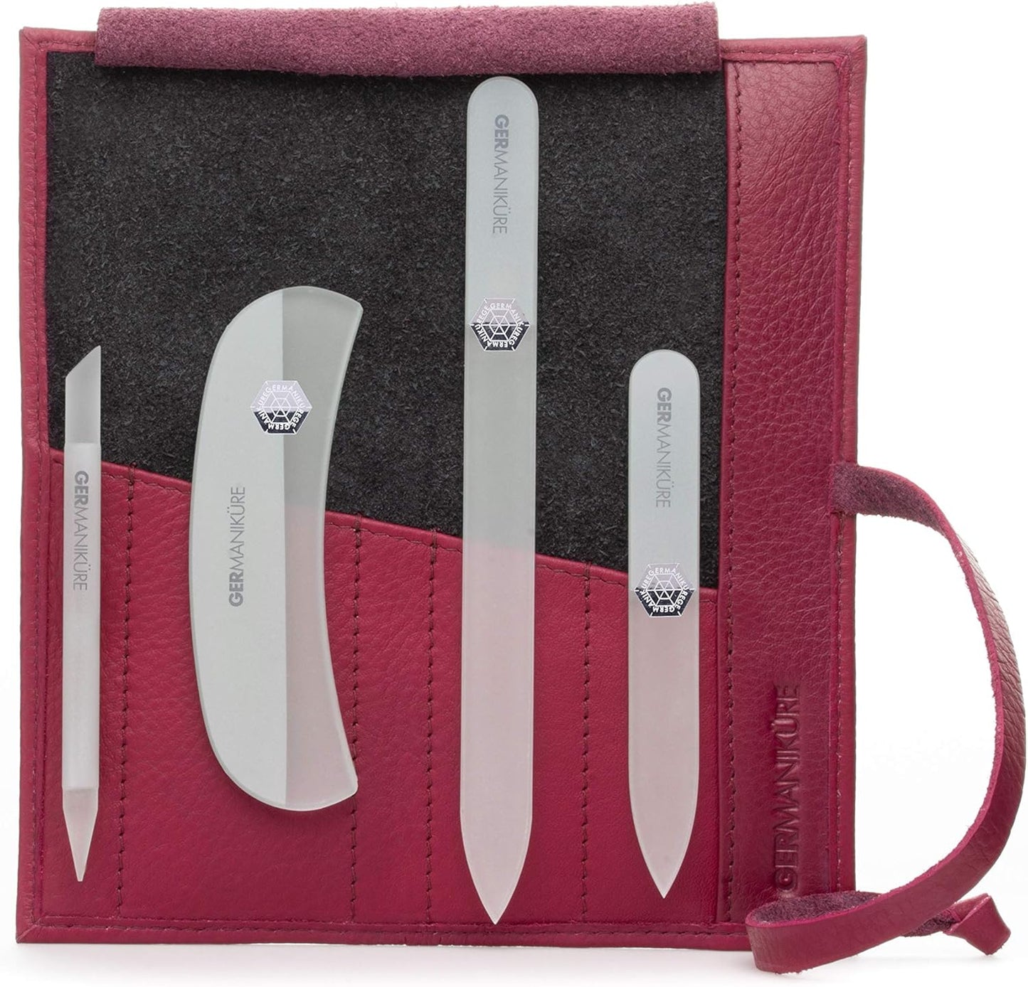 GERMANIKURE Gray Crystal Glass Nail File Set in Magenta Leather Case – Handmade in Czech Republic – Professional Manicure & Pedicure Supplies – Glass Cuticle Stick, Pusher, Moon File