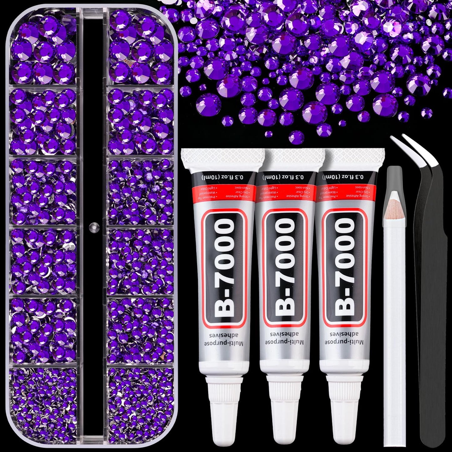 Resin Rhinestones for Crafting with B7000 Jewelry Glue, 1 Box Dark Violet Flatback Crystals with 3Pcs 10ml Glue for Bedazzling Crafts DIY Nail Art Makeup，Non Hotfix Gems for Clothing Shoes