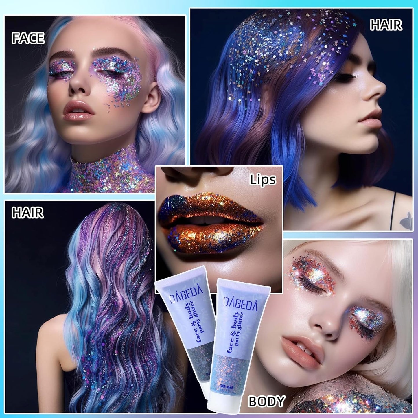 DAGEDA Body Glitter Gel, Face Glitters Body Gel Sequins Shimmer Liquid Eyeshadow, Chunky Glitter for Face Hair Nails, Holographic Cosmetic Laser Powder Festival Glitter Makeup 1.7oz (Black)