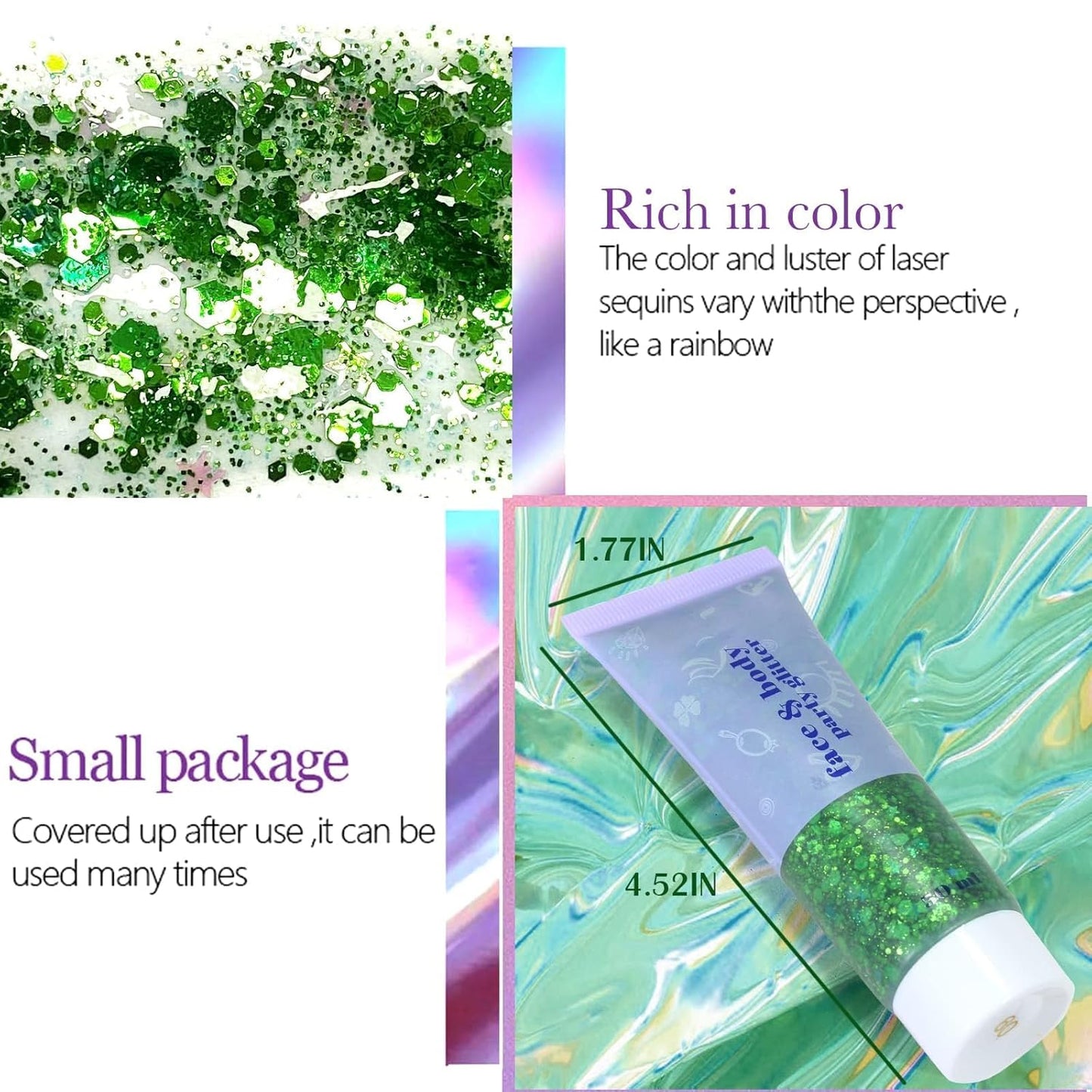 DAGEDA Green Body Glitter Gel, St Patricks Day Face Glitters Body Sequins Shimmer, Chunky Glitter for Face Hair Nails, Mardi Gras Decorations Festival Glitter Makeup 50ml