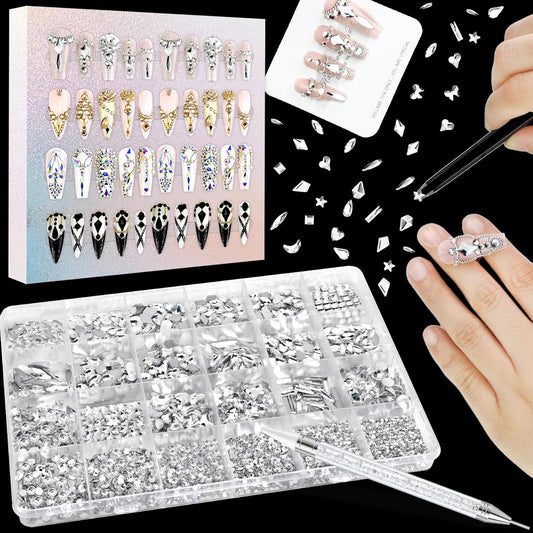 Dowarm 6000PCS Crystal Clear Nail Rhinestones, 16 Types of 800PCS Special-Shaped Diamonds+5200PCS Flatback Rhinestones, 3D Crystal Glass Gemstones for Nail Crafts Decoration, White Gem Stones Charm