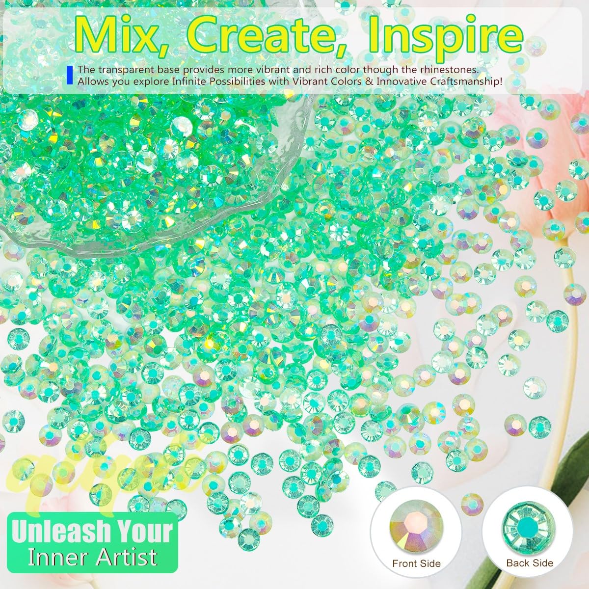 16000PCS Light Green AB Resin Rhinestones for Crafting 3mm 4mm 5mm Flatback Jelly Stones Bulk SS10 SS16 SS20 Diamonds Crystals Gems Charms for Nails Face Eyes Makeup Tumblers Bottles DIY Crafts