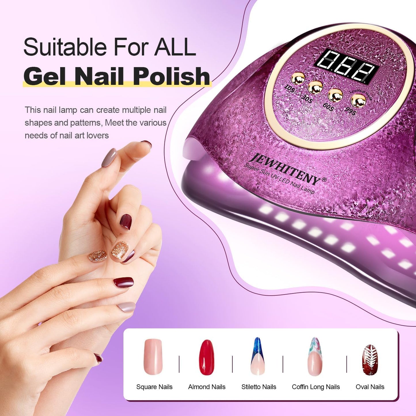 JEWHITENY Pink U V Gel Nail Lamp:LED Nails Curing Lamp with Automatic Sensor & 4 Timers Nail Light with 66 Lamp Beads