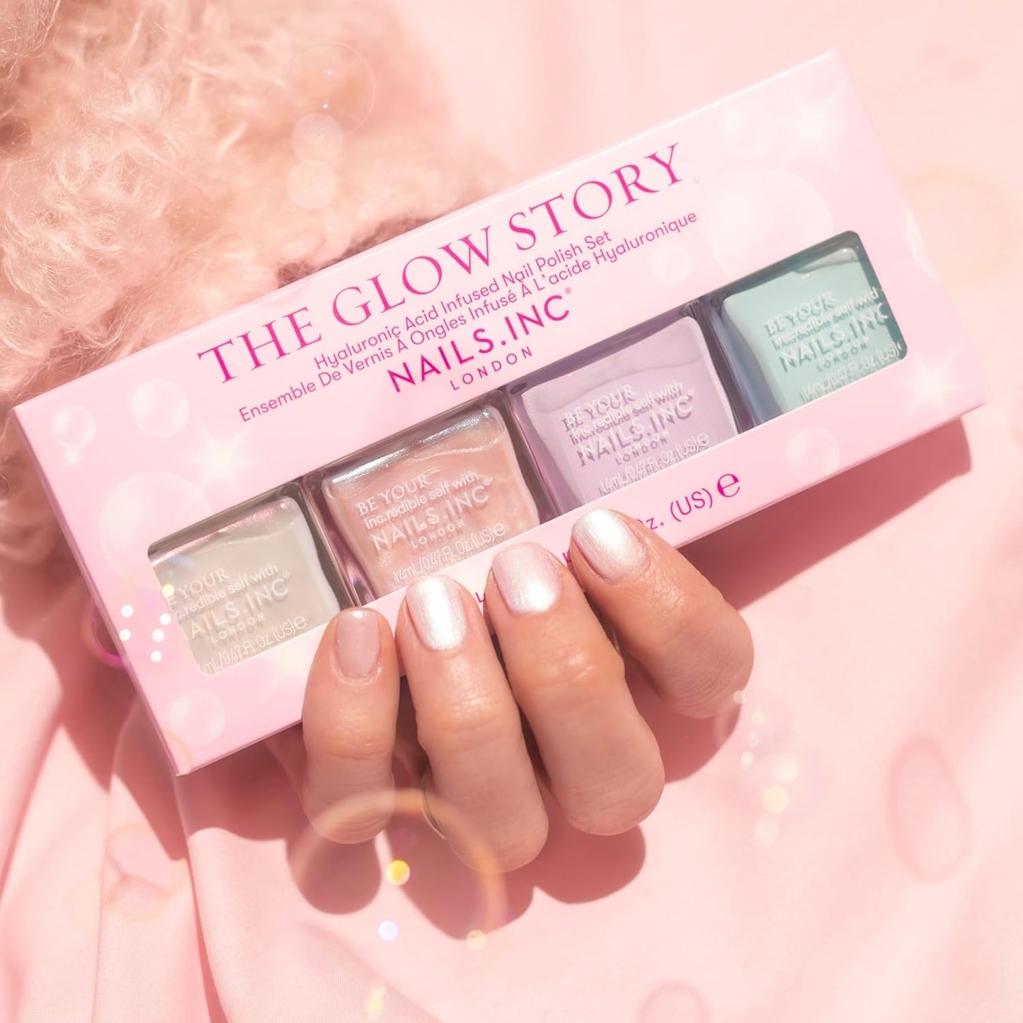 Nails Inc The Glow Story Nail Polish Set, Hyaluronic Acid, Glossy, No Chip, Long Lasting, Quick Dry, Air Dry, Professional Manicures & Pedicures, Fingernails & Toenails, Vegan Nail Polish, 4 Piece Set