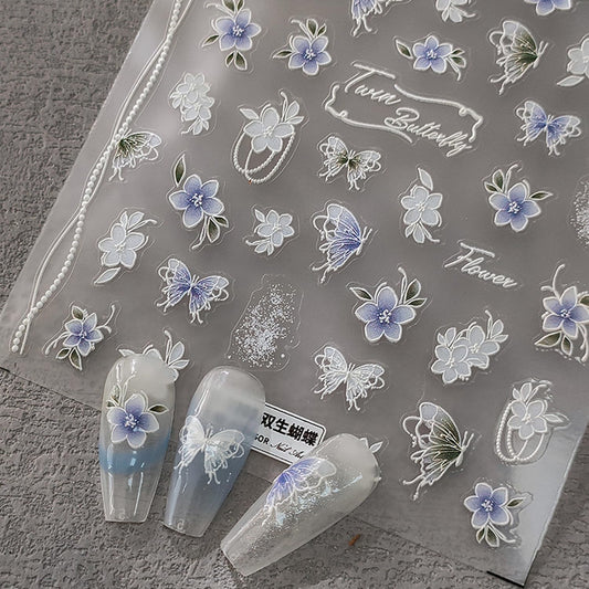 Flower Nail Stickers 5D Embossed Nail Art Stickers Decals Self-Adhesive Butterfly Floral Nail Supplies Spring Nail Art Design Decoration Accessories(1, Flower Butterfly)