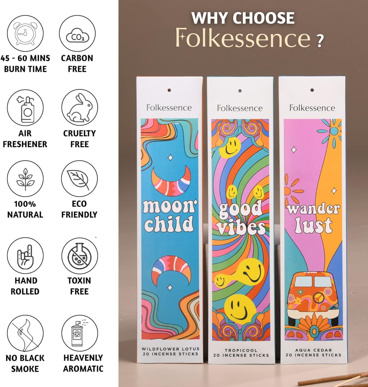 Folkulture Incense Sticks for Home | Set of 6 Variety Pack (120 Non Toxic Insence) | 45 Mins Burn Time | Balsam Cedarwood, Organic Insence-Sticks | Slow Burning Inscents-Stick for Relaxation