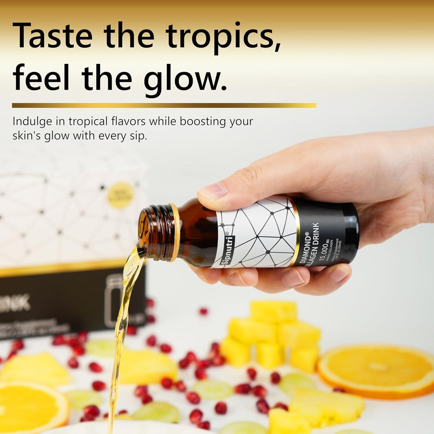 Diamond Liquid Collagen Drink, 15000 mg Hydrolyzed Marine Collagen Peptides with Vitamin C, Pomegranate, Healthy Hair Skin Nails Joints Bones Support, 50 ml x 10 Bottles