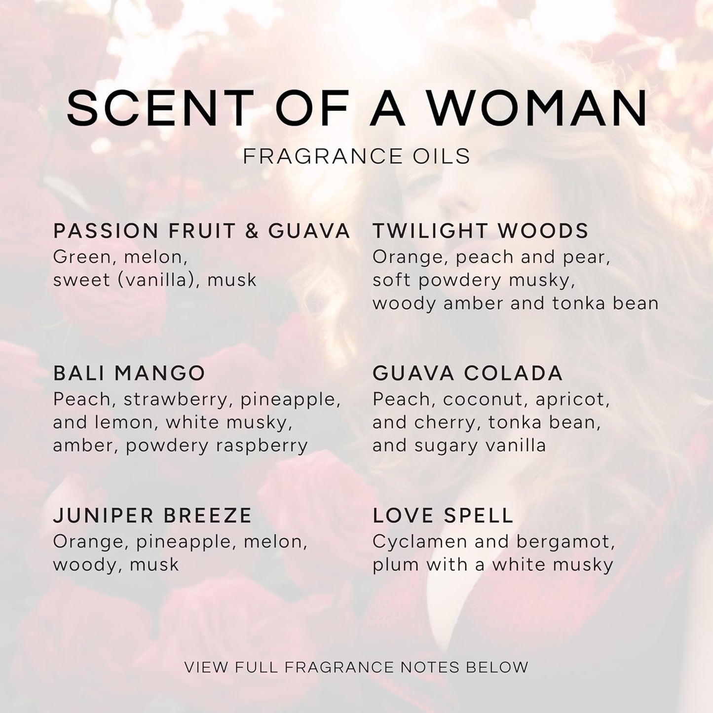 Eternal Essence Oils Scent of a Woman Set of 6 Premium Fragrance Oils - Includes Guava Colada, Twilight Woods, Bali Mango, Passion Fruit & Guava, Juniper Breeze, and Love Spell Scented Oils - 10ML