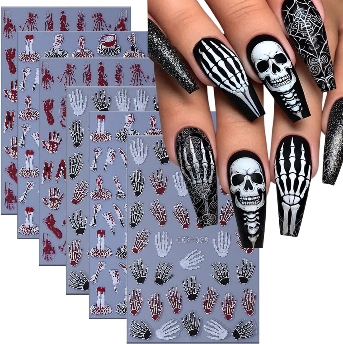 6 Sheets Halloween Nail Art Stickers 3D Self -Adhesive Bloods Hand Skeleton Nail Decals Holographic Blood Knives Nail Stickers Halloween Nail Decoration for Women Manicure Supplies